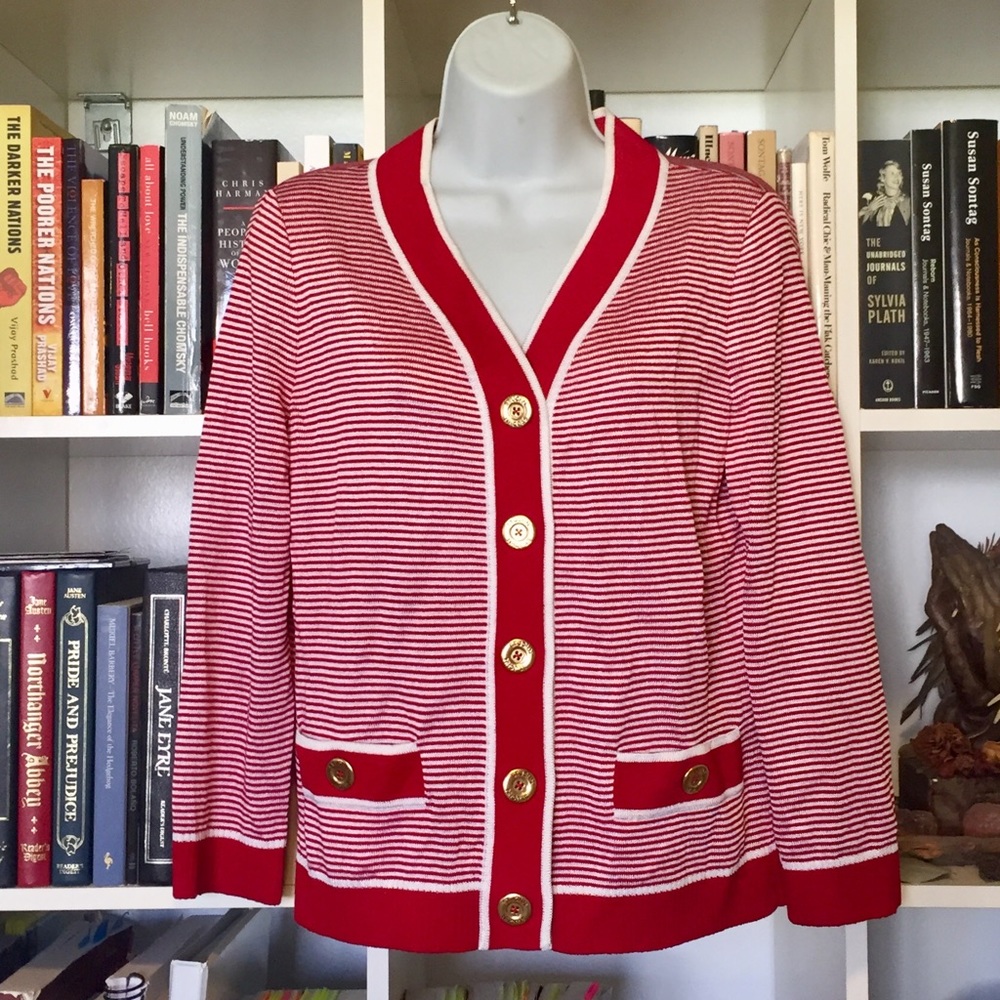 St. John Red & White Striped Cardigan